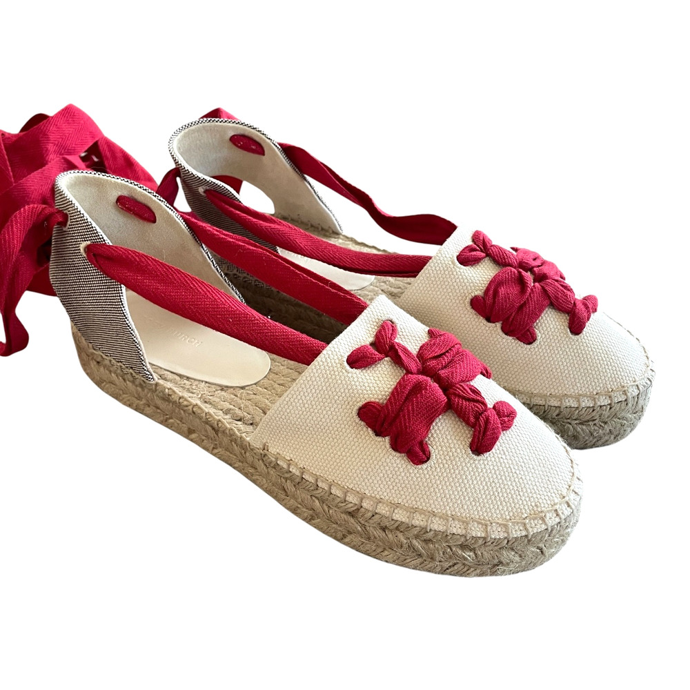 TORY BURCH Size 10 Woven Double T Espadrille Red Wrap-Around Tie Platform Flats - Picture 9 of 13